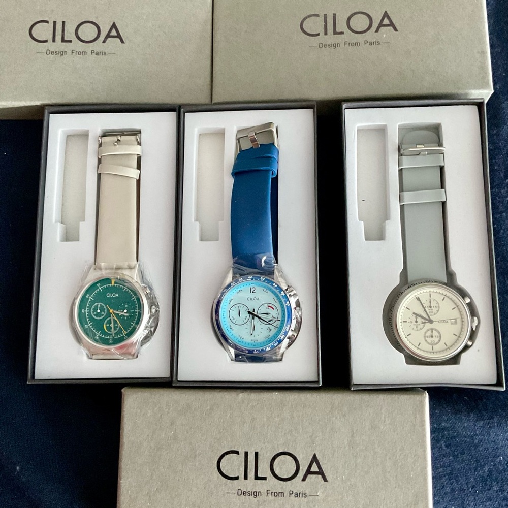 NIB Trio Of Colorful Ciloa Chronograph Watches
